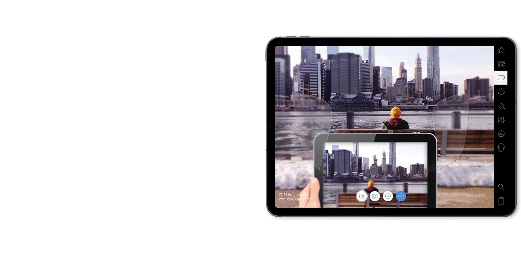 iPad'de aracılığı ile AR bölümünde ZEISS gözlük camı gösterimi.