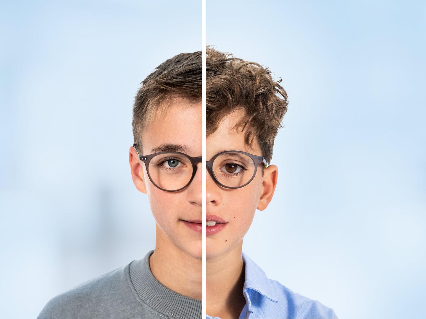 Genç bir erkek yüzünün yarısı, daha genç bir erkek yüzünün yarısının yanında.