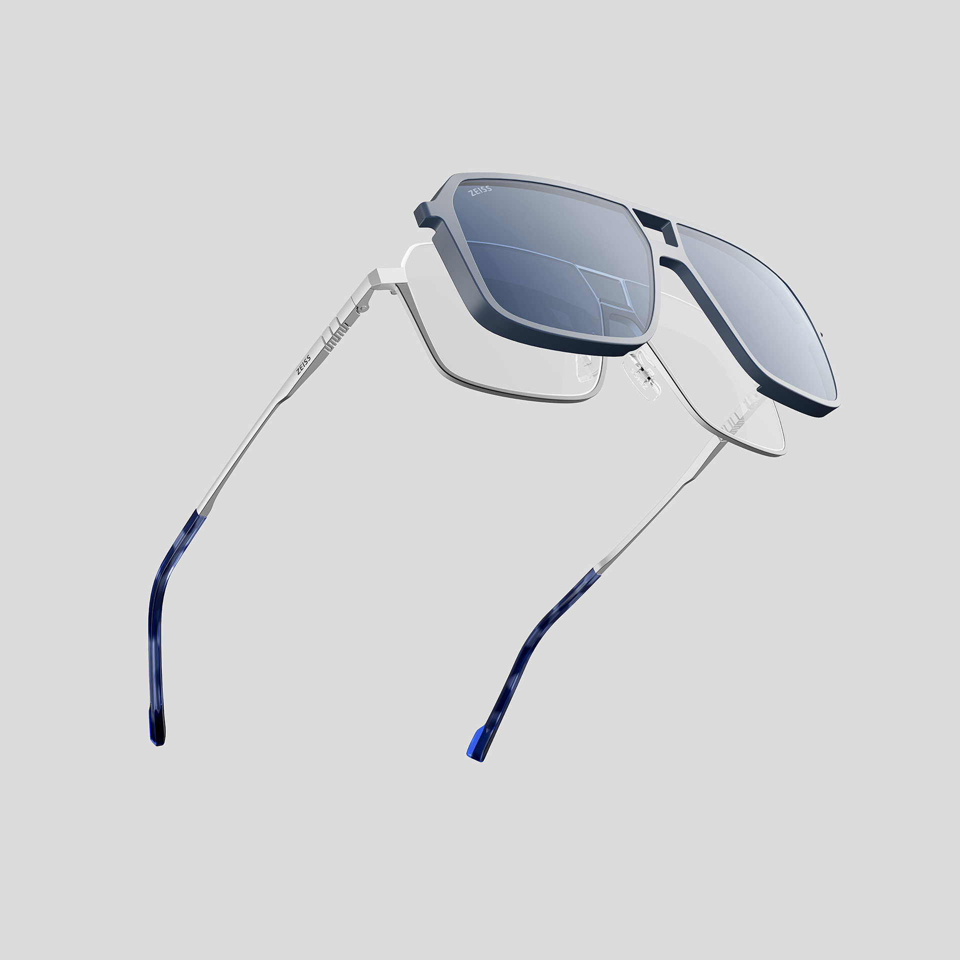 Koyu gözlükler için mıknatıslı klipsli bir ZEISS çerçeve.