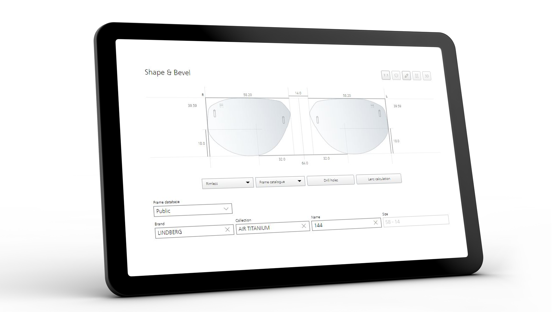 Şekil ve eğim için ZEISS VISUSTORE arayüzünü gösteren tablet ekranı 