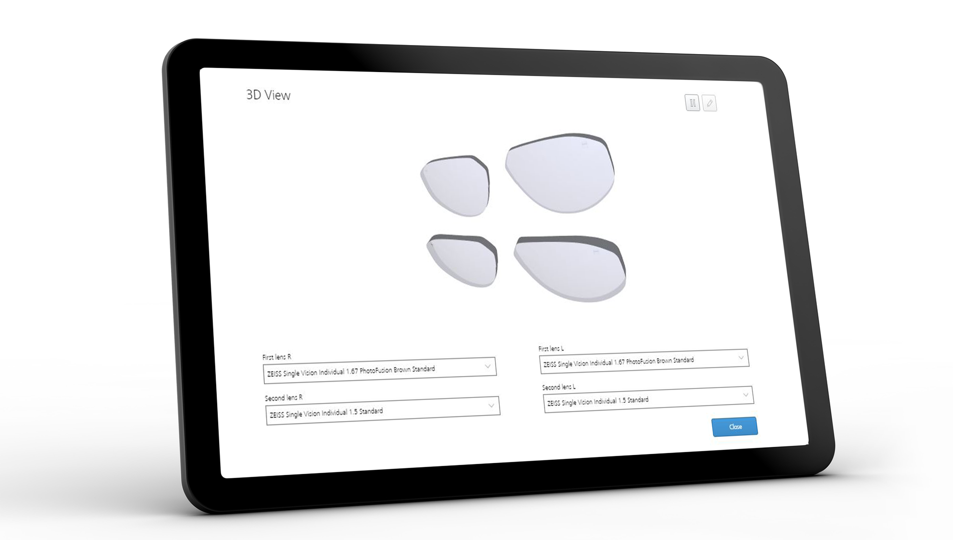 3D görünüm için ZEISS VISUSTORE arayüzünü gösteren tablet ekranı 