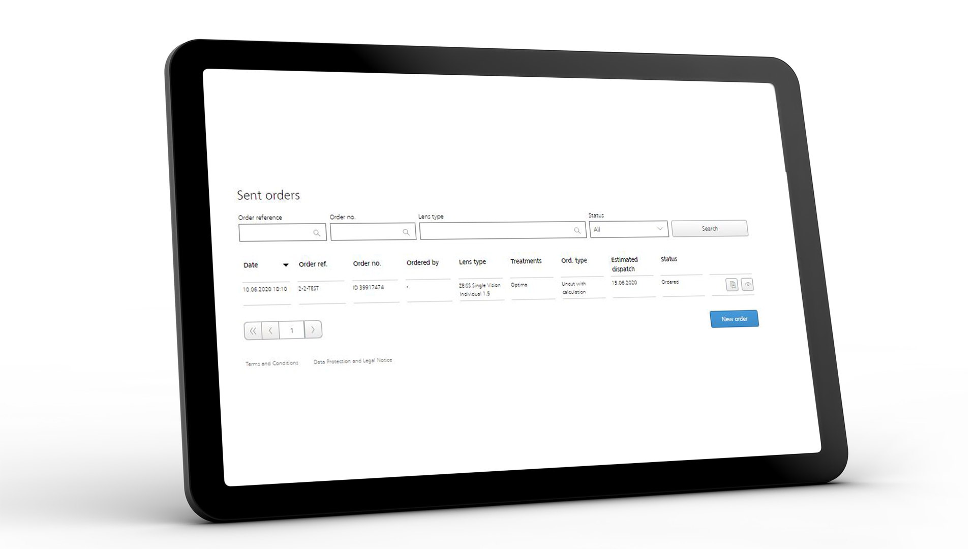 Gönderilen siparişler için ZEISS VISUSTORE arayüzünü gösteren tablet ekranı 