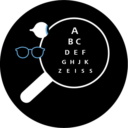 Gözlük, göz ve görme testi harflerini büyüten bir büyüteç çizimi. 