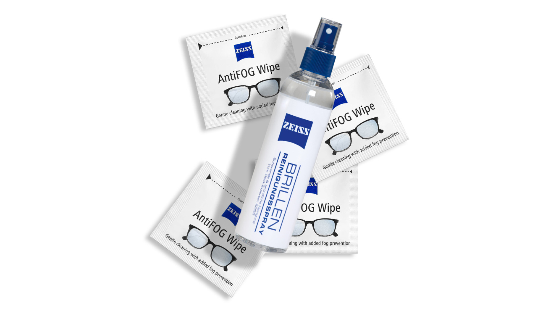 ZEISS lens temizleme mendilleri ve spreyinin görüntüsü.