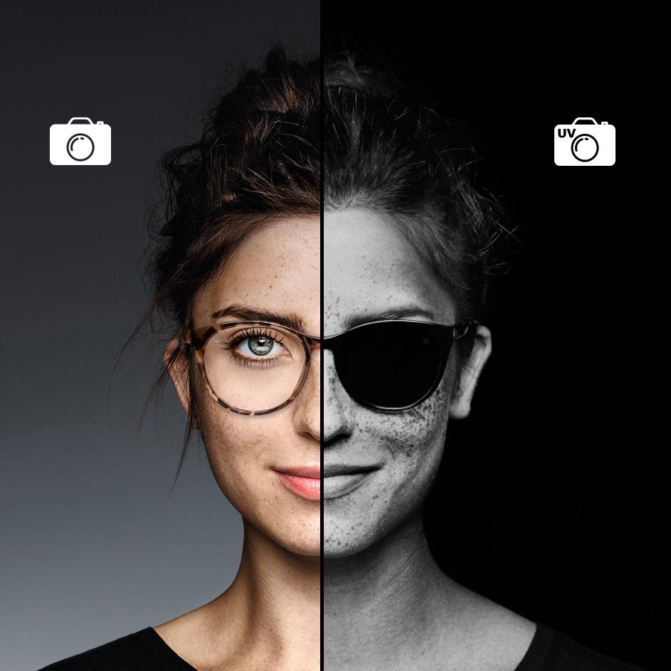 ZEISS UVProtect teknolojisine sahip gözlük takan bir kadının yakın çekimi. Fotoğrafın yarısı normal kamerayla, diğer yarısı ise UV kamerayla çekildi. UV görüntüsü, ZEISS şeffaf camlarının zararlı UV ışınlarını engellemede güneş gözlükleri kadar etkili olduğunu gösteriyor.