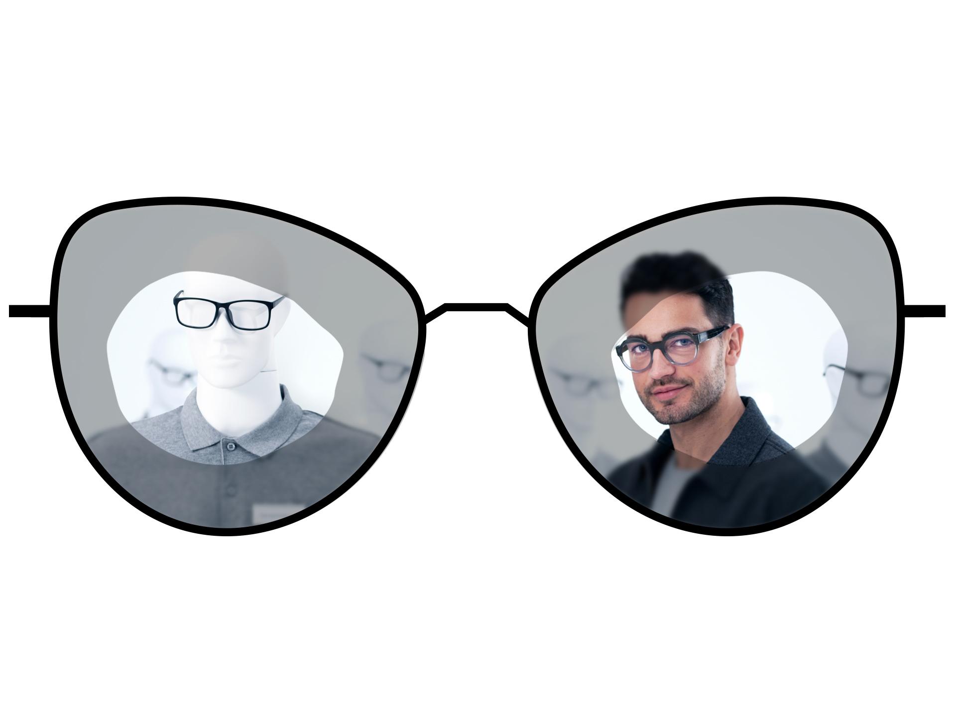 Standart tek odaklı camların bulanık bölgelerini, ZEISS ClearView tek odaklı camların geniş net bölgeleriyle karşılaştıran gözlük çizimi