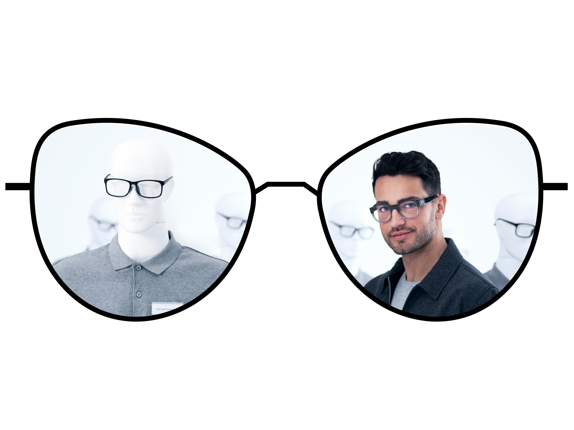 Standart tek odaklı camların bulanık bölgelerini, ZEISS ClearView tek odaklı camların geniş net bölgeleriyle karşılaştıran gözlük çizimi