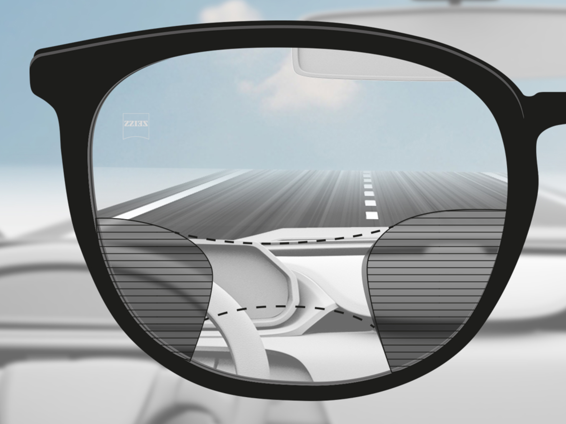 ZEISS Progressive DriveSafe lensinden bir bakış açısı görüntüsü: Görüş alanları, sürücünün yolda ve gösterge panelinde net görüş alanlarına sahip olmasını sağlayacak şekilde uyarlanmıştır.