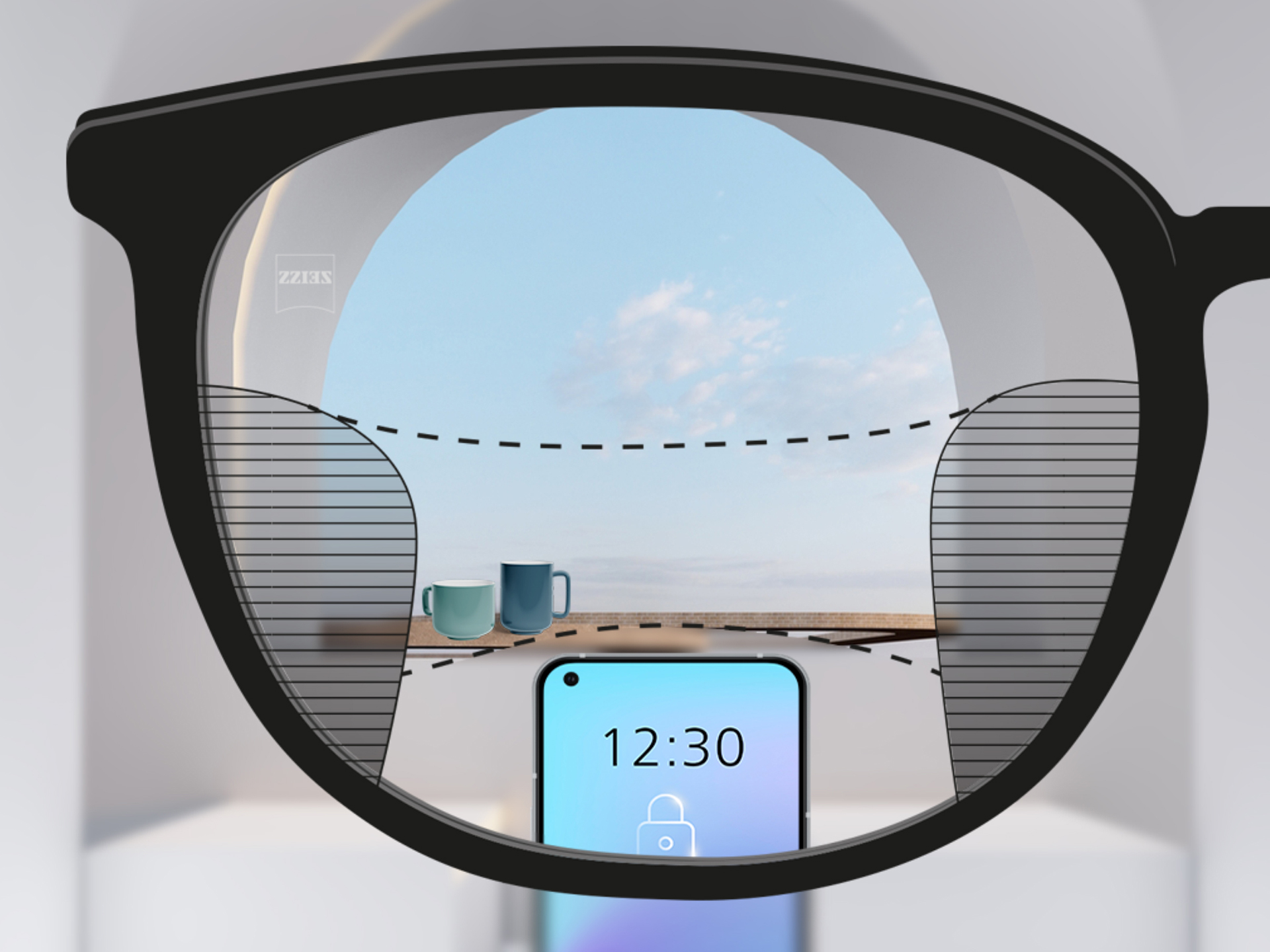 ZEISS Progressive SmartLife camından bir bakış açısı görüntüsü: Camın sağında ve solunda bulunan bulanık bölgeler küçüktür ve geniş, net görüş alanları sağlar.