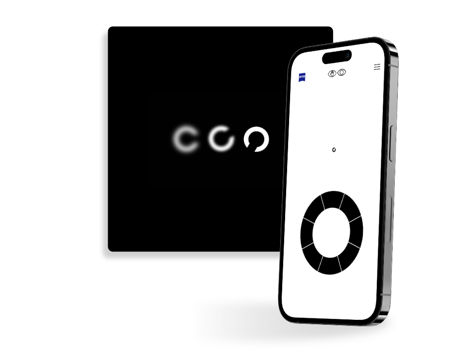 ZEISS Online Görme Taraması egzersizinin yapıldığı ekrana sahip bir akıllı telefon, görme testlerinde sıklıkla kullanılan, farklı yönlere bakan açıklıkları olan farklı keskin daireler gösteren siyah kare bir düğmenin önünde duruyor.