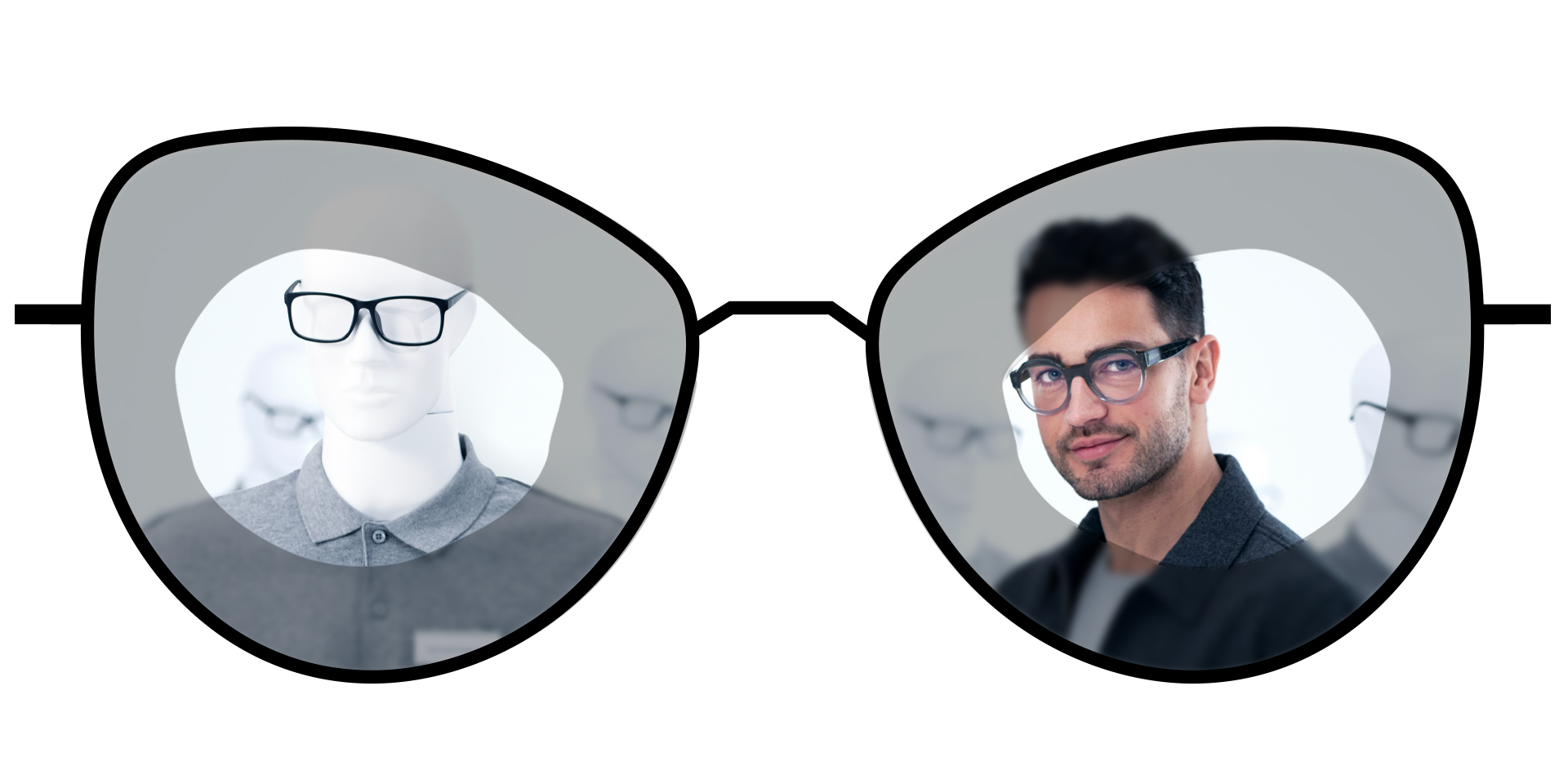 Standart tek odaklı camların bulanık bölgelerini, ZEISS ClearView tek odaklı camların geniş net bölgeleriyle karşılaştıran gözlük çizimi.