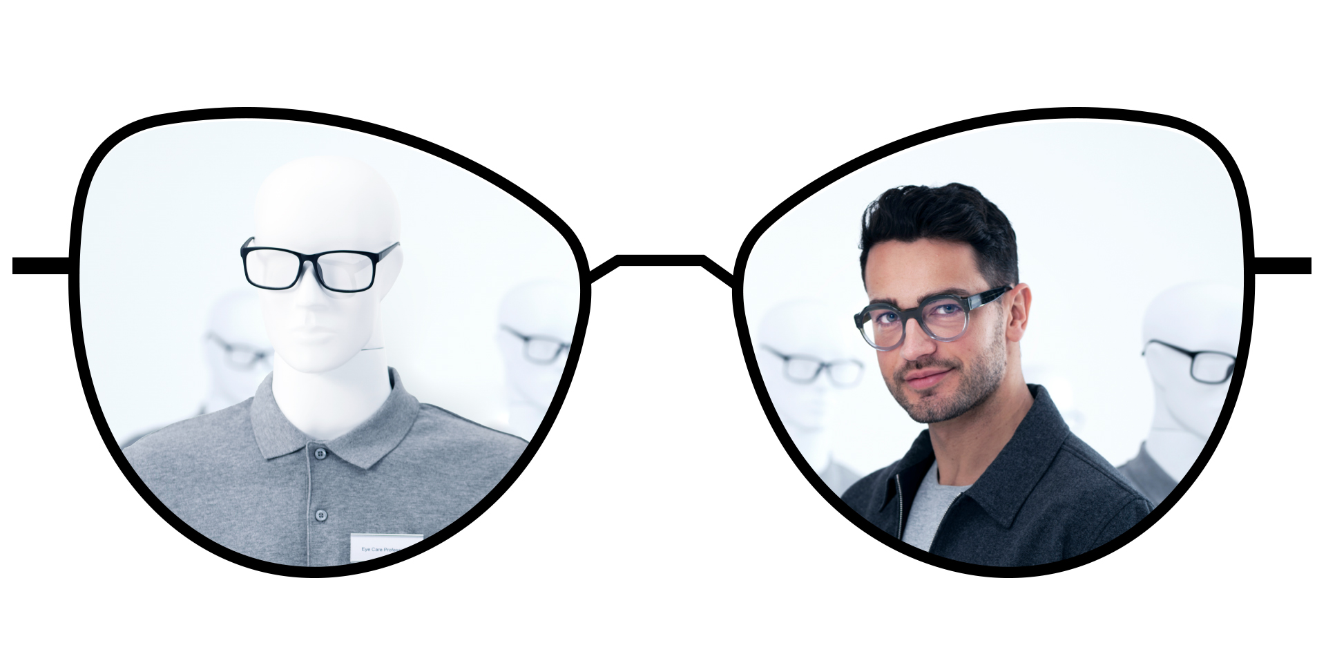 Standart tek odaklı camların bulanık bölgelerini, ZEISS ClearView tek odaklı camların geniş net bölgeleriyle karşılaştıran gözlük çizimi.