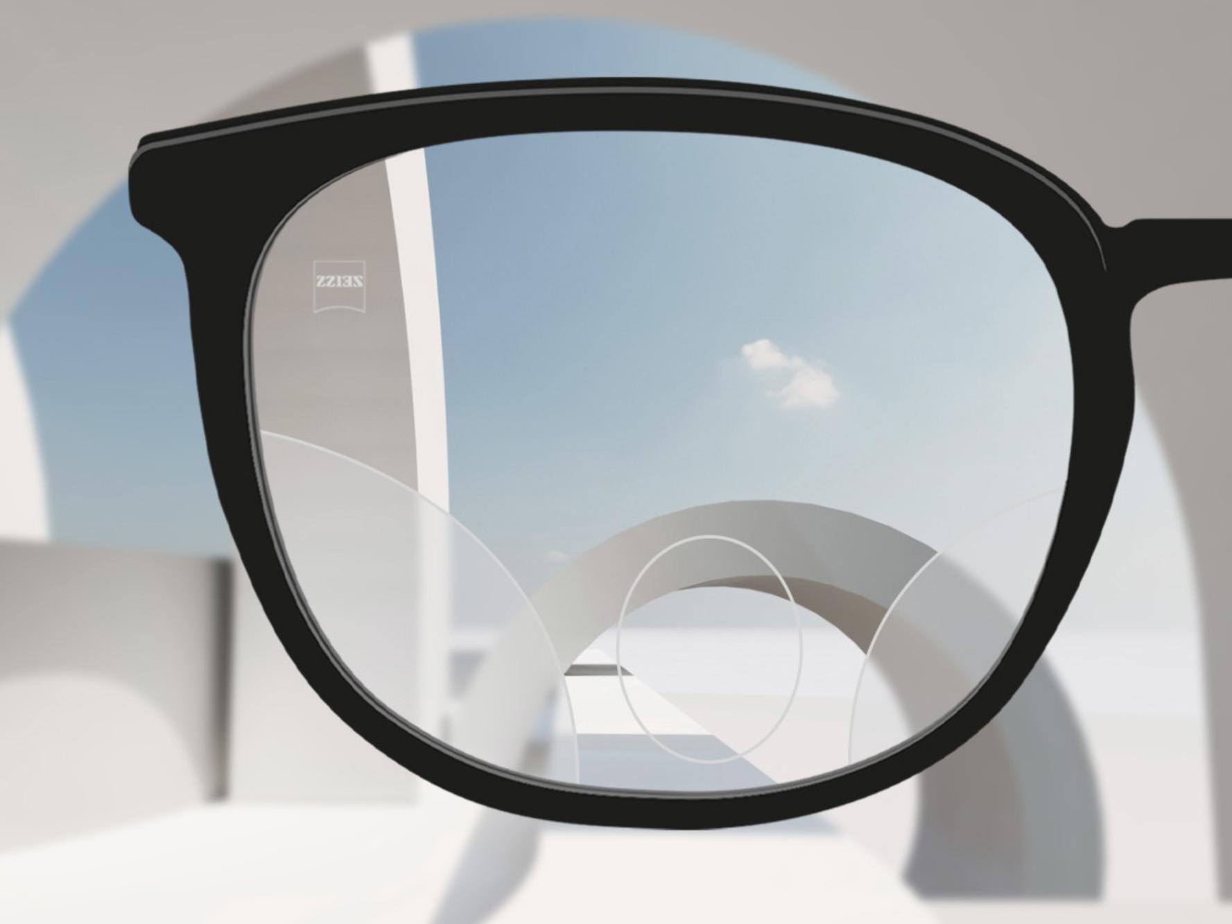 ZEISS MyoKids lens tasarımının şematik gösterimi: lensin üst yarısı uzak görüşü desteklerken, alt yarısı yakın görüşü destekler.