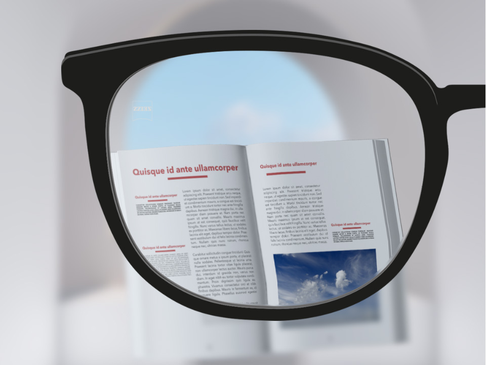  ZEISS Single Vision ClearView camları ile bir kitap ve camın en dış kısmının dışında, camın şeffaf olduğu bir bakış açısı görüntüsü. 
