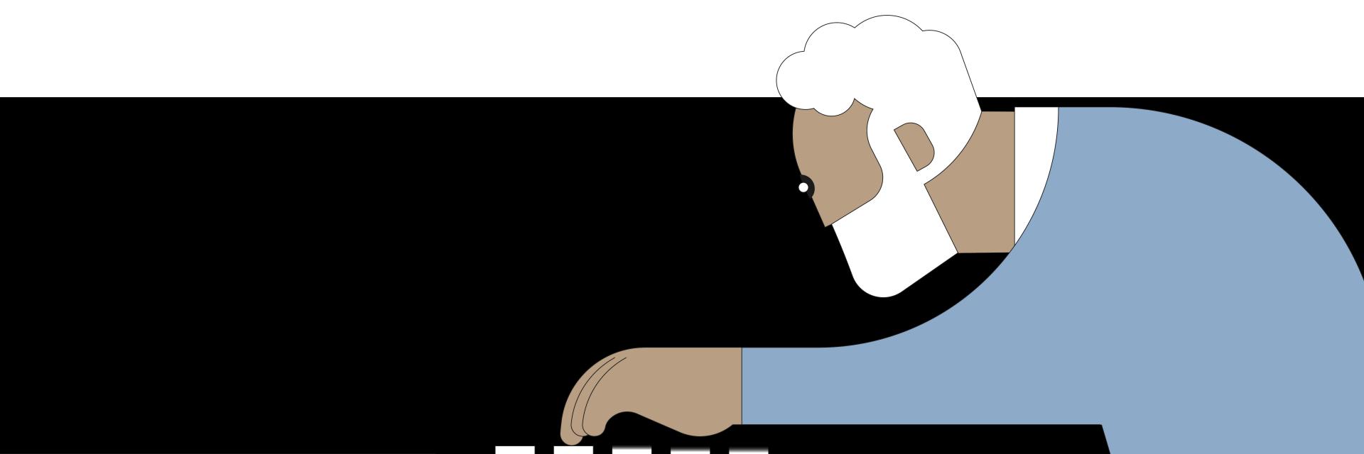 Olgun bir adamın, kendisine yaklaştıkça bulanıklaşan tuşlara bastığı bir illüstrasyon.