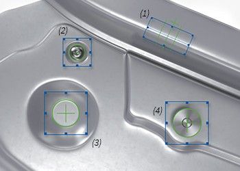 Examples of features: (1) Bending edge, (2) rivet, (3) surface point, (4) T pin