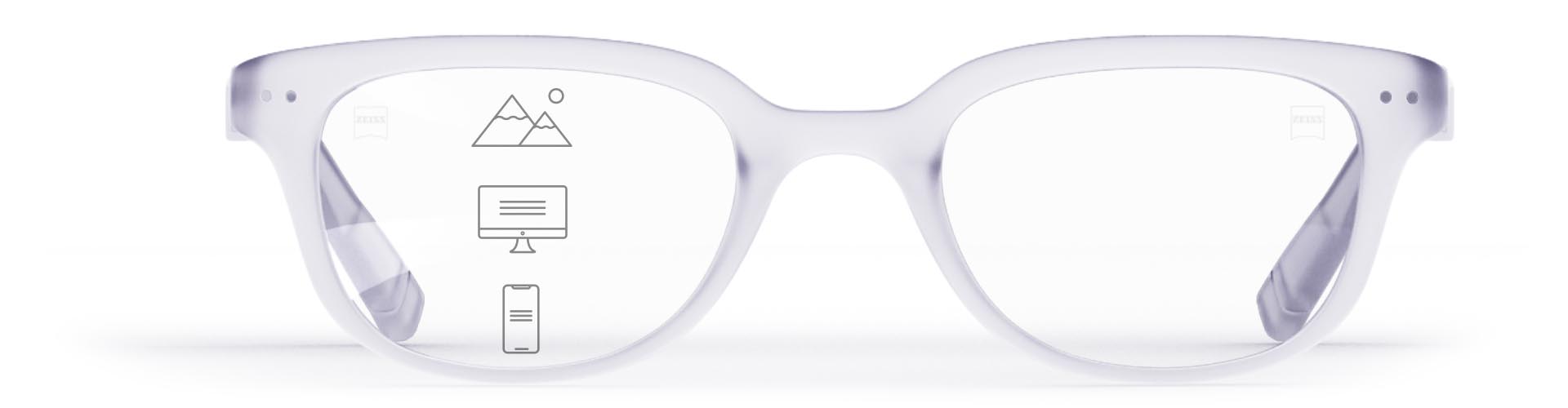 Yakın, orta ve uzak olmak üzere farklı görüntüleme alanlarını gösteren simgelere sahip şık şeffaf bir çerçeve içinde ZEISS Progressive SmartLife lensler